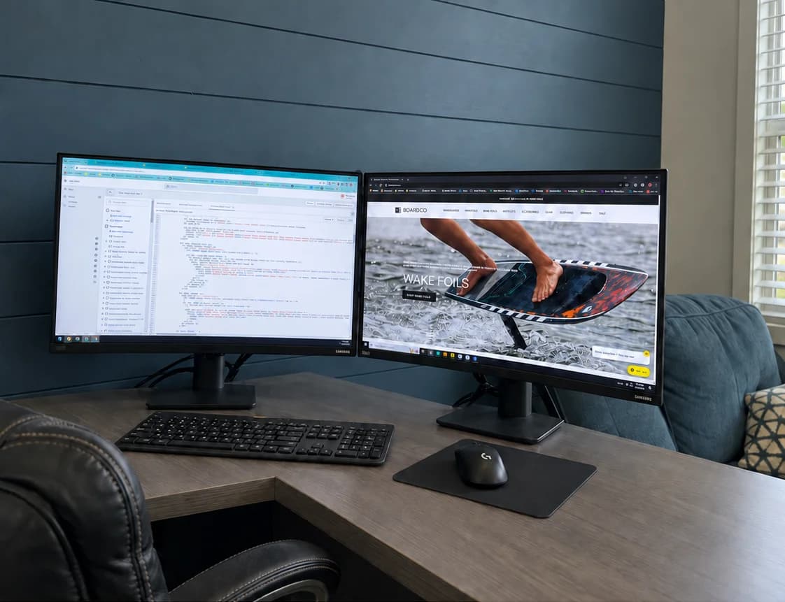 Tom's workspace, visualized with the planned blue accent wall