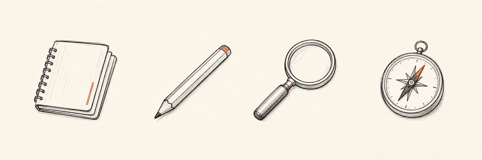 Hand-drawn notebook, pencil, magnifying glass, and compass